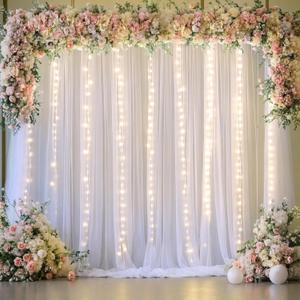 10x10ft White Tulle Backdrop Curtain with Lights String for Parties Wedding Twinkle Sheer Backdrop Curtains for Bridal Shower Birthday Party Baby Shower Photo Booth Decorations