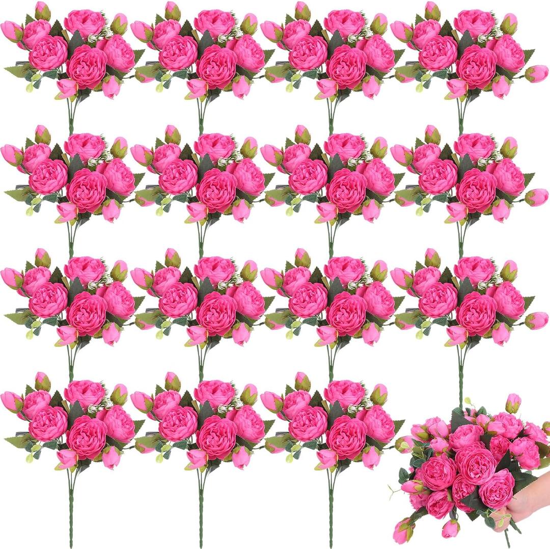 Yunlly 16 Packs Artificial Peony Flowers Faux Peonies Bouquet Silk Vintage Wedding Home Table Door Decor Reusable Bouquet Rose Flowers for Bridal Wedding Birthday Home(Rose Red,Peony)