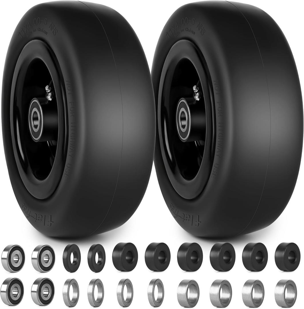 11x4.00-5 Flat Free Lawn Mower Tires and Wheels 3/4" 5/8" 1/2" Ball Bearings, 3.25"-5.5" Centered Hub 11x4-5 Zero Turn Mower Front Tires, Smooth Wheels for Commercial Grade Lawn (Black)