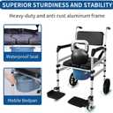 Rolling Shower Chair with Wheels for Elderly and Disabled, Foldable Wheelchair Lightweight Folding, Bedside Commode Chair with Arms for Toilet (Black)