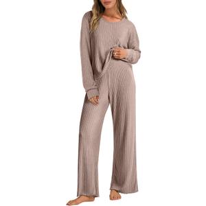 ANRABESS Women 2 Piece Lounge Pajamas Sets Casual Ribbed Knit Long Sleeve Top Pants Matching Set 2025 Fall Outfits Clothes (Large, Khaki)