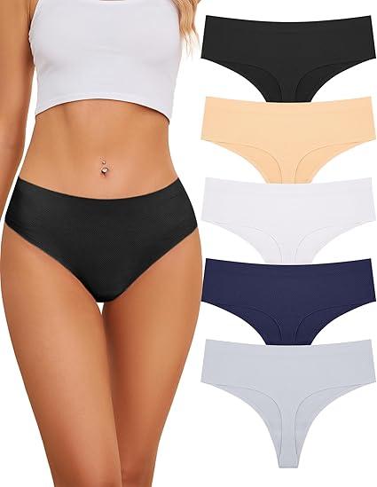 voenxe Seamless Women Underwear Thongs,High Waisted No Show Ladies Panties,Breathable Comfy Active Hi Rise Cut Undies,5-Pack