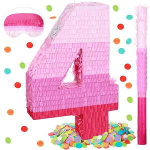 Sratte Number Piata Pink Piata Birthday Decorations Gradient with Stick Blindfold Confetti for Girls Boys Birthday Anniversary Party Decorations Supplies(Number 4)