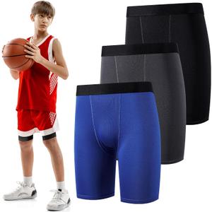 Hoolerry 3 Pcs Youth Boys Compression Shorts Athletic Underwear Sports Performance Boxer Briefs Spandex Underwear for Running (Medium, Black, Gray, Navy Blue)