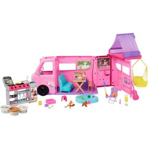 Barbie Dream Camper New for 2025 Playset with Roof Tent, Swing Chair, Fishing Pond, BBQ Grill with Color-Change Feature & 60+ Accessories Including Dough