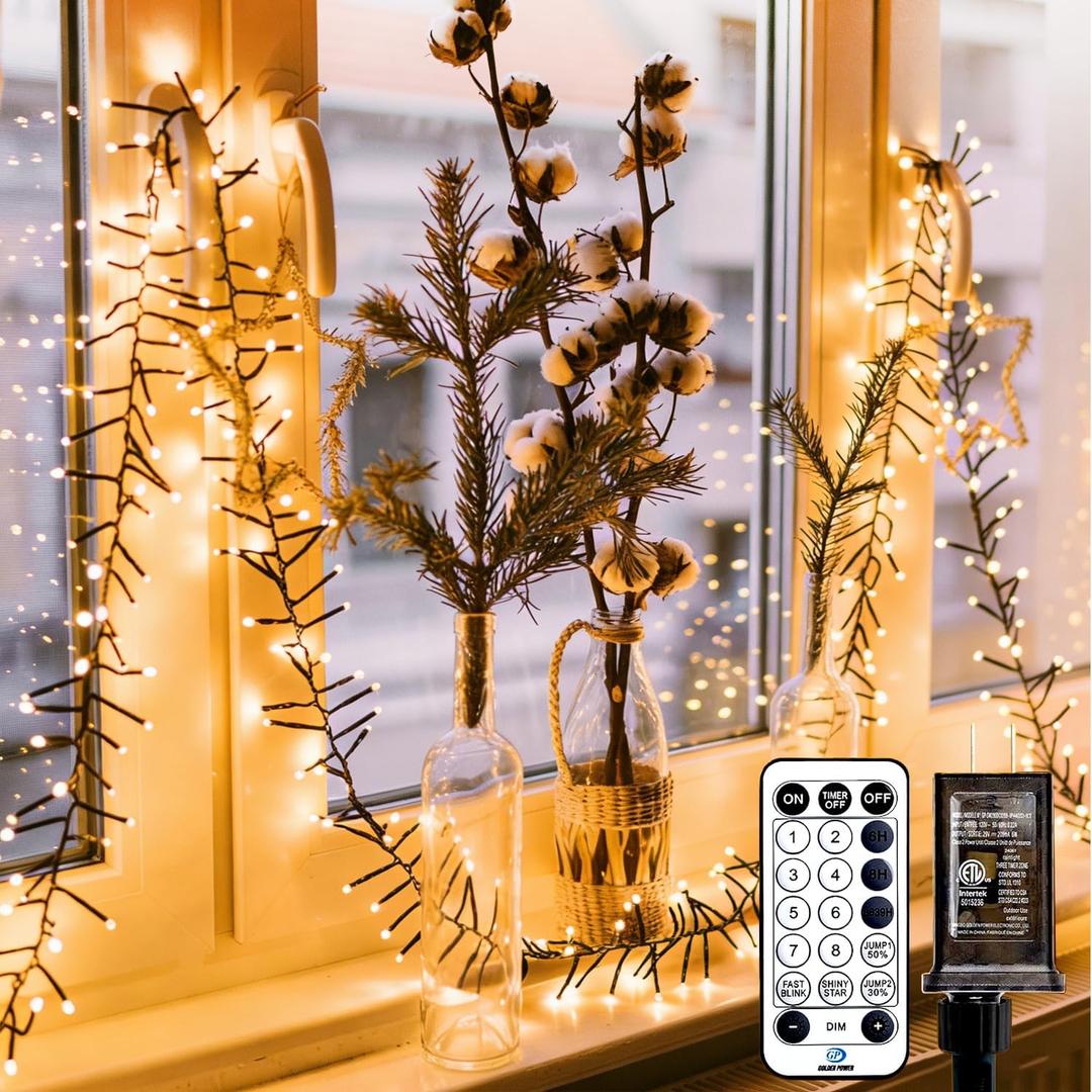 Cluster-Lights-Christmas-Tree-Lights-Outdoor, 1000 LED 50 Ft Christmas Firecrackers String Lights, 12 Modes Timer Remote Waterproof Plug in Twinkle Fairy Lights for Xmas Tree Garland Window Party (Warm White)