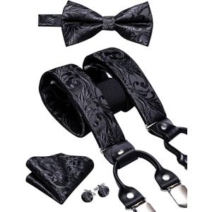Dubulle Suspender and Bow Tie for Men Paisley Solid Men's Suit Braces Pretied Bowtie and Handkerchief Cufflinks Formal Wedding