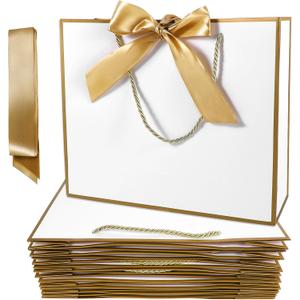 12PCS Gift Bags with Handles, 12.5 x 9.8 x 4.3 Inch Gift Bags Large Birthday Gift Bag White Gold Thank You Bags with Bow Ribbon for Wedding, Birthday, Engagement, Bridesmaid, Groomsmen, Christmas