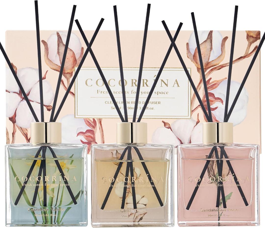 COCORRNA Reed Diffuser Set of 3-3 Pack/ 3.04 Fl.oz Diffuser with 24 Sticks Cashmere Vanilla/Sandalwood Rose/Clean Linen Reed Diffuser for Home Bathroom Office Decor