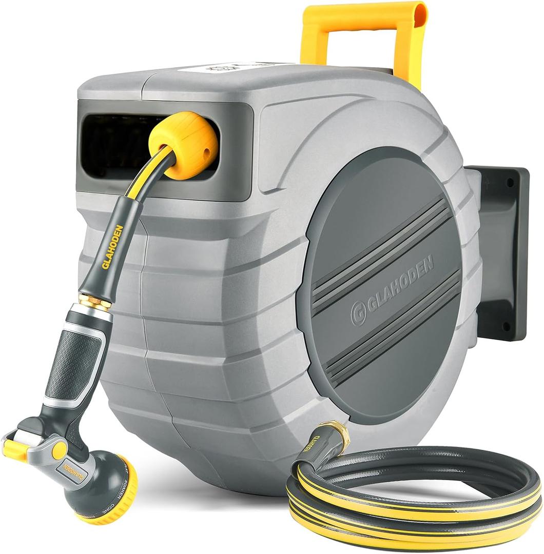 GLAHODEN Retractable Garden Hose Reel 1/2 in x 115 ft, 2025 Upgraded Dual Ratchet Lock UV & Freeze Protection Brass Seal Slow Retraction Anti-Tangle Hose 180Swivel Reinforced Scaffold Wall Mount