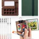 Qilery Mini Portable Watercolor Palette Set Wooden Grid Paint Box Watercolor Paper Sketch Book Brush Pens with Binder Clip for Painters Artist Not Include Paint(Pine Green)