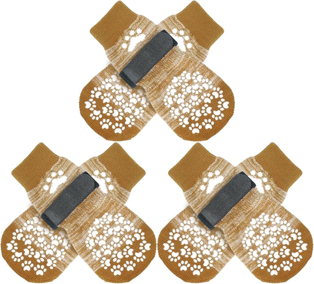 EXPAWLORER 6PCS Anti-Slip Dog Socks to Prevent Licking Paws,Dog Shoes for Hot Pavement,Best Paw Protector Traction Control on Hardwood Floor,Dog Booties for Puppy Small Medium Large Senior Dogs (Beige)