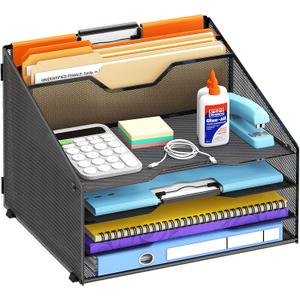 Desk File Organizer, Paper Organizer with 4 Letter Trays and 2 Vertical Upright Sections, Desk Organizers and Accessories for Office, School, Home, Black