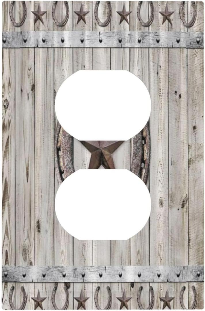 Rustic Western Wood Barn Door Horseshoe Iron Star Single Duplex Wall Plate Covers Light Switch Cover 1 Gang Outlet Plate Decorative Switchplate Covers Electrical Faceplate for Farmhouse Bedroom