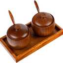 2 Pcs Wood Condiment Pot Spice Jars, Natural Wooden Sugar Bowl Pepper Seasoning Container Condiment Pot with Lid, Spoon and Tray for Herbs Salt Pepper Spices