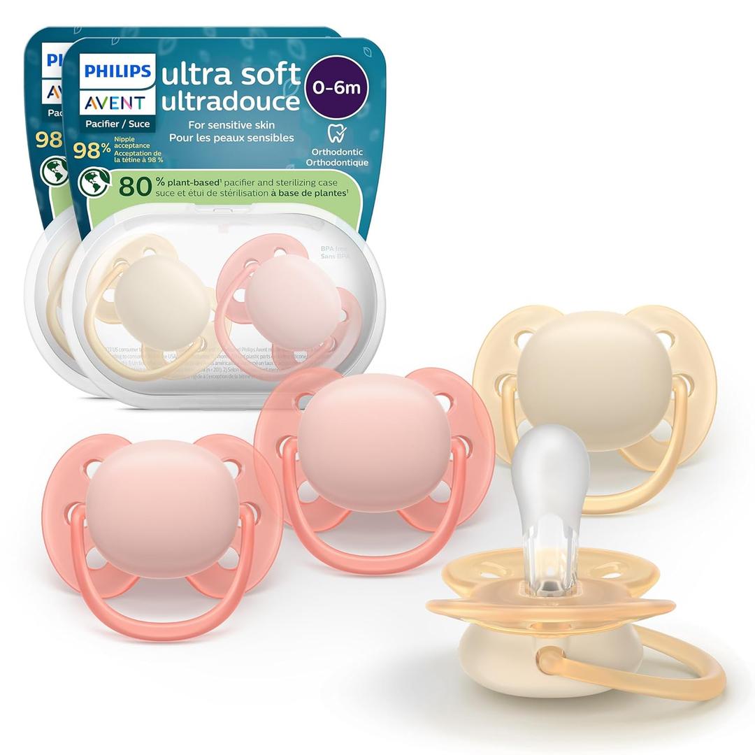 Philips Avent Ultra Soft Pacifiers - Orthodontic Design, for Babies 0-6 Months, Flexible Shield, Silicone Symmetrical Nipple, BPA-Free, 2 Sterilizing Cases, 4 Pack, SCF091/47 (pink)