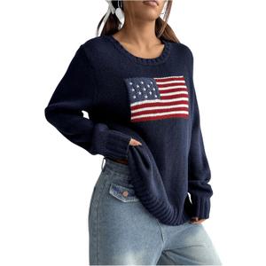 SweatyRocks Women's Flag Pattern Long Sleeve Round Neck Sweater Casual Loose Pullover Sweater (Dark Blue) XS