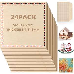 Adrattnay Basswood Sheets 3mm - 1/8 x 12 x 12 inch, 24pcs Square Laser Basswood Plywood for Laser Cutting & Engraving DIY Crafts, Wood Burning, Painting, Architectural Model Building (24PACK)
