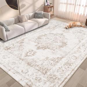 Area Rug 6x9 Vintage Rug: Washable Indoor Medallion Rugs Low Pile Distressed Floor Carpet Retro Accent Rug for Living Room Bedroom Kitchen Dining Table Home Office(Beige, 6'x9')