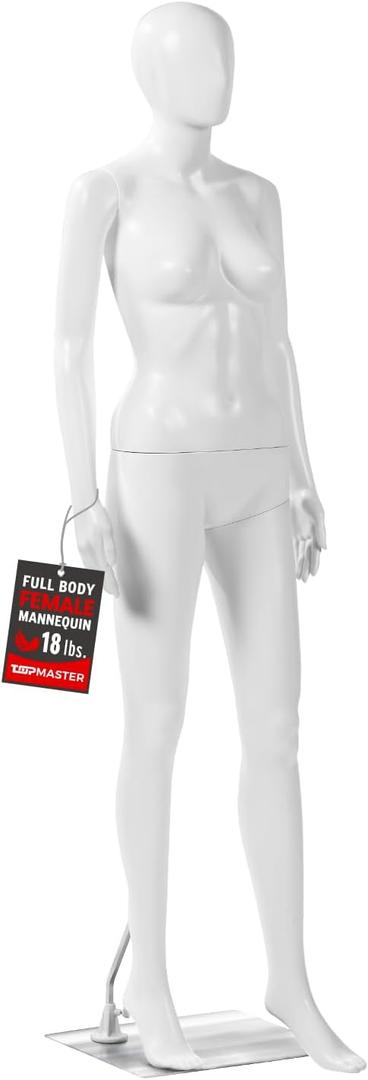 TopMaster Female Form Mannequin - Versatile 360 Design, Easy Assemble, Full Body Dress Form Female Mannequin with Adjustable Posture, Turnable Head & Flexible Limbs - White, 68.89 Inches