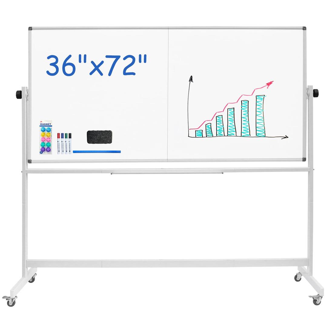 XIWODE Double-Sided Mobile Magnetic Dry Erase Whiteboard, 36 x 72 Inches, Rolling with Wheels & Aluminum Frame Stand for Home, School & Office