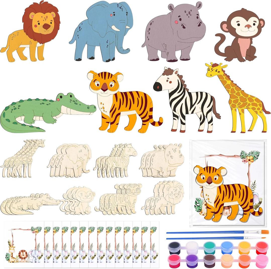 24 Set Safari Party Favors Jungle Animal Wooden Painting Crafts DIY Safari Jungle Wooden Painting Kit Wild Animals Coloring Crafts with Card for School Classroom Birthday Farm Party Favors Supplies