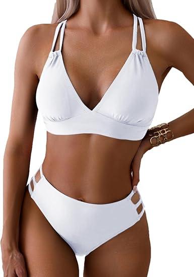 Fanuerg Women's Sexy V Neck Bikini Sets Hollow Out Two Piece Swimsuits Cutout Mid Waist Bathing Suit White Small