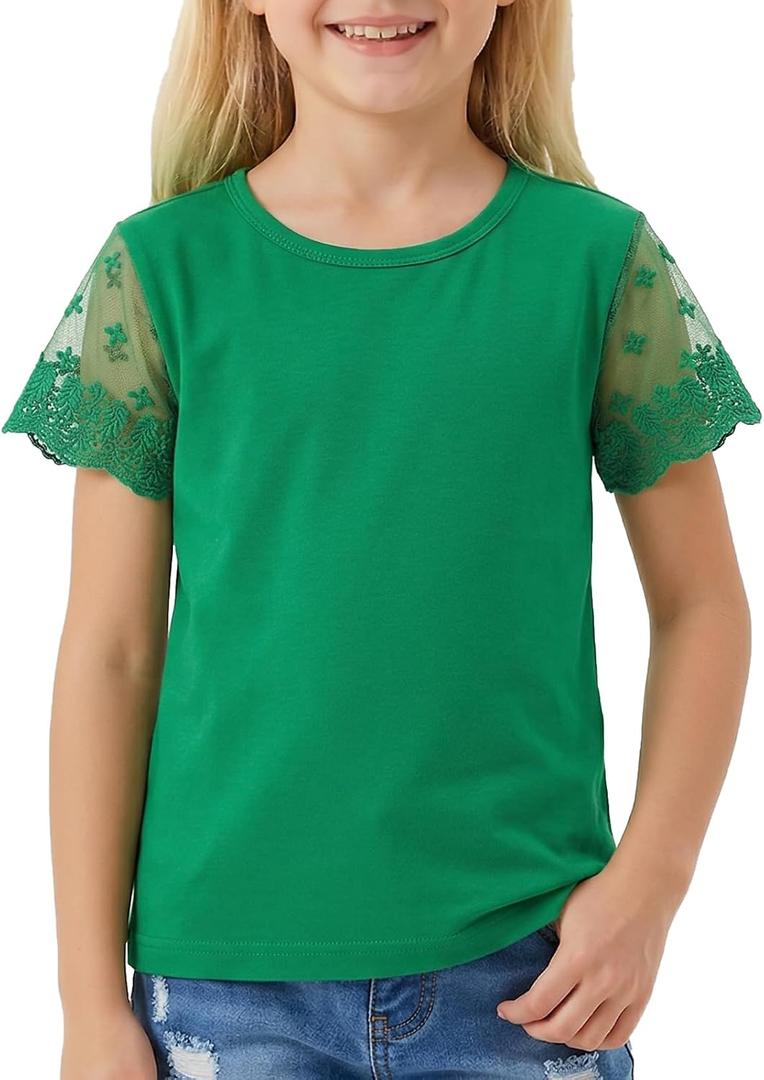 Noomelfish Girls Lace Short Sleeve T-Shirts Kids Summer Cute Tops Blouse(5-12 Years) (Green)