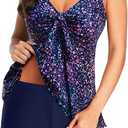 Yonique Women 2 Piece Flowy Tankini Swimsuits with Boyshorts V Neck Swim Tank Tops Bathing Suits Modest Swimwear 14W