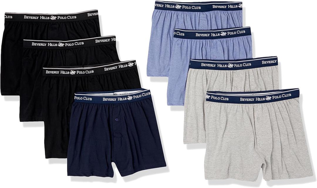 Beverly Hills Polo Club Men's Beverly Hills Polo Club Men's 8 Pack Knit Boxer (Large, New Navy/Grey Heather/Light Blue Heather)