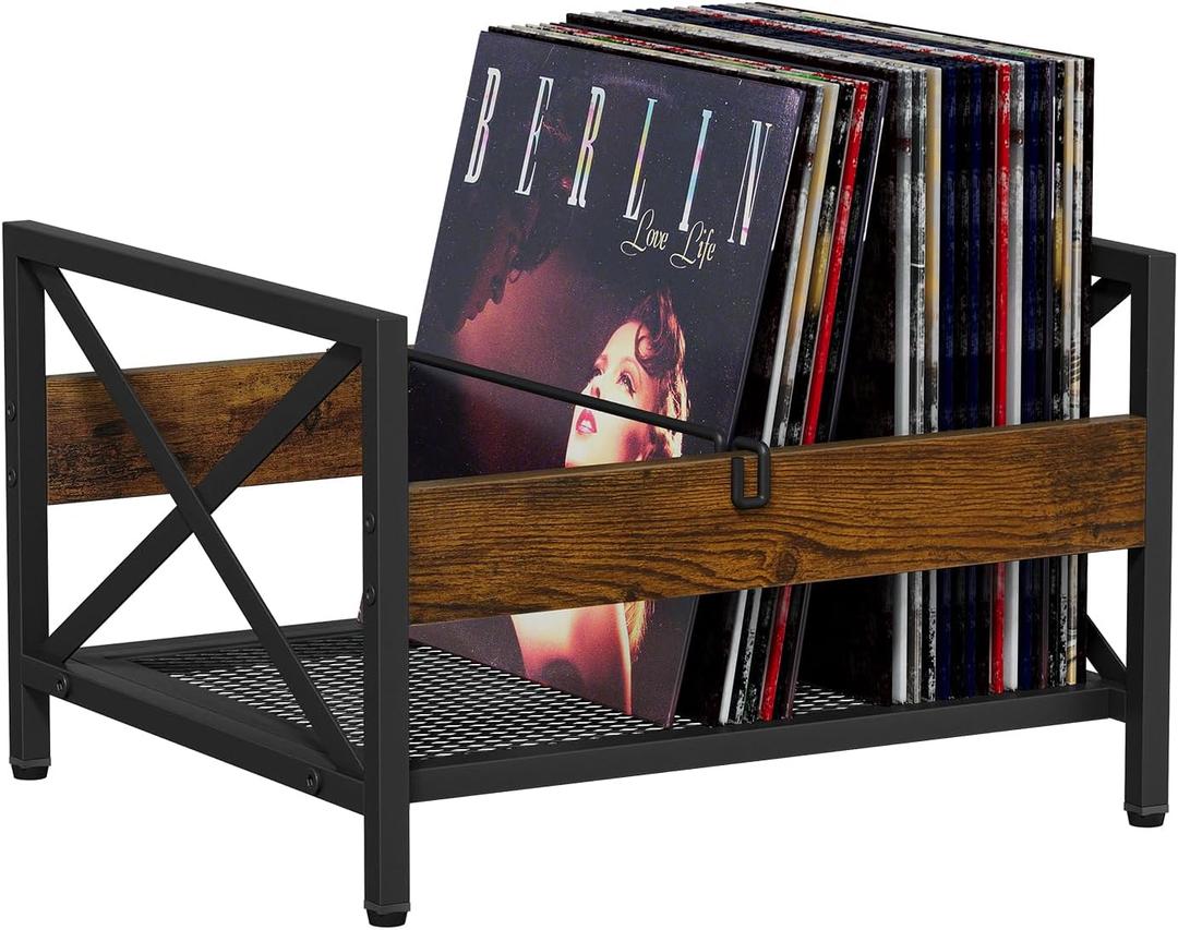 Vinyl Record Storage Holder, Metal & Wooden Record Crates with Divider, Holds up to 50-100 Records, Vinyl Storage Album Storage Rack for Books,Files (17.32"X14.56"X10.43", Brown-Iron Mesh)