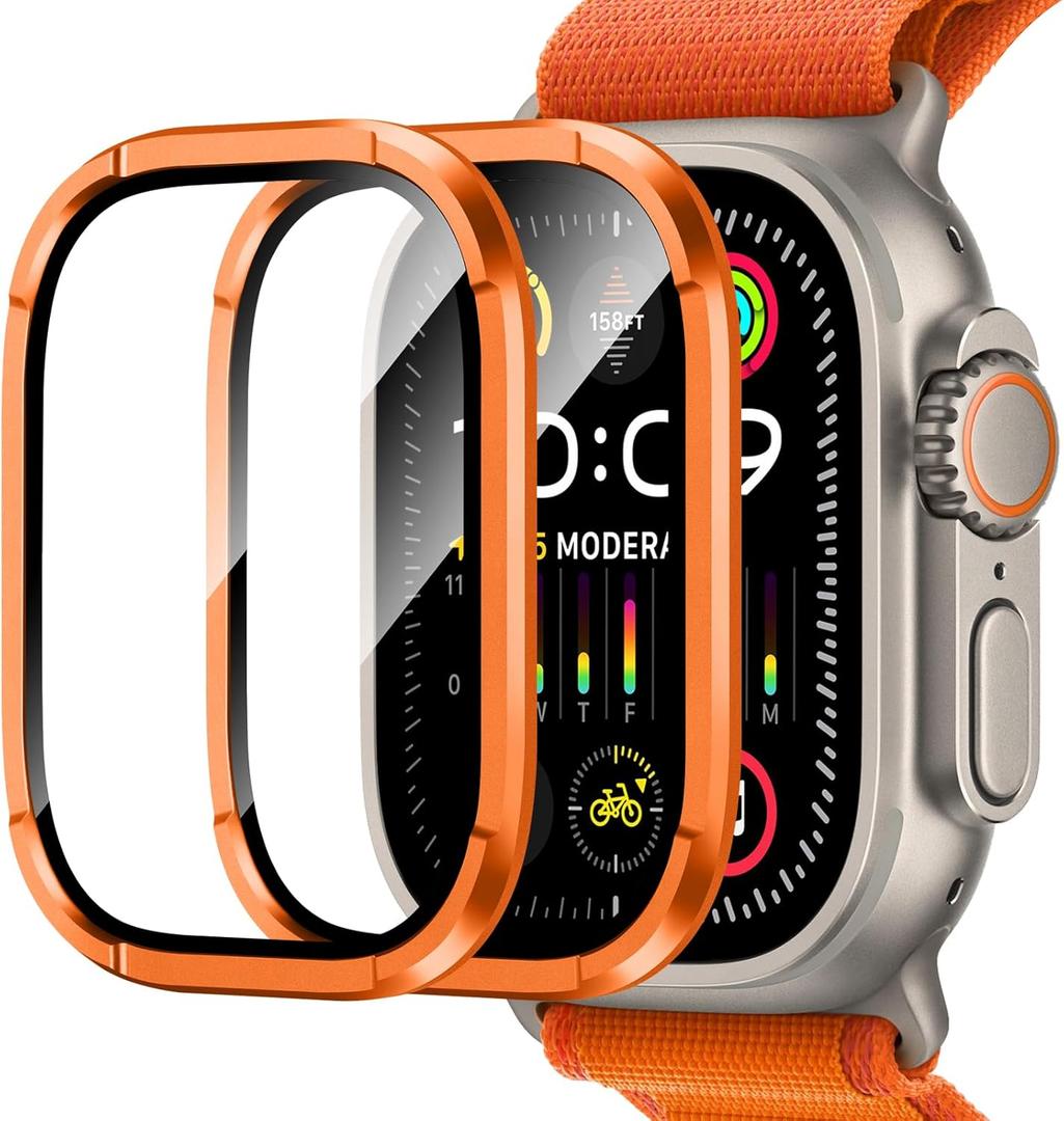 Amizee 2 Pack Metal Case Compatible with Apple Watch Ultra 3/2/1 Screen Protector Case 49mm with Tempered Glass, Metal Frame Built in HD Glass Protective Cover for iWatch 49mm (C-Orange)