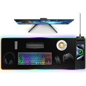 Mouse Pad with Wireless Charging, Large Desk Mat RGB Gaming Mousepad, 10 Light Colors LED Gaming Pad Keyboard Pad with Ultra-Smooth Surface & Non-Slip Rubber Base, Waterproof Full Desk Mouse Pad (31.5x11.81"-Black Right)