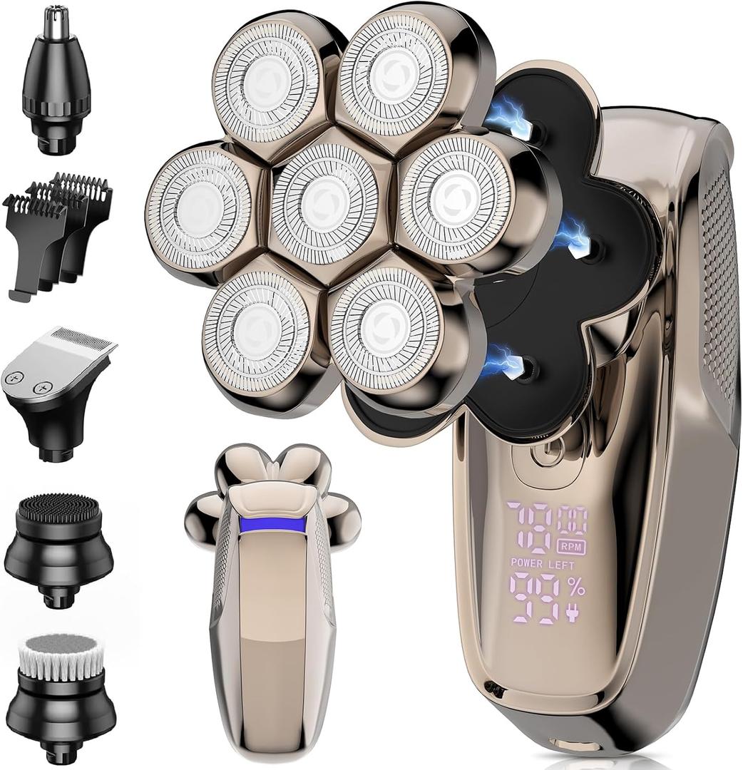 Electric Head Shaver Bald Men - 7D Magnetic Face Heads Shavers Hair Clippers Wet Dry Shaving Kit for Men Gift Set Waterproof Razor Rotary Blade Beard Nose Trimmer, USB Type-C Rechargeable LED Display