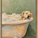 Funny Dog Bathroom Wall Art Cute Golden Retriever in Bathtub Wall Decor Picture Whimsical Bathroom Dog Poster Canvas Painting Print 16x24 inch Wood Framed