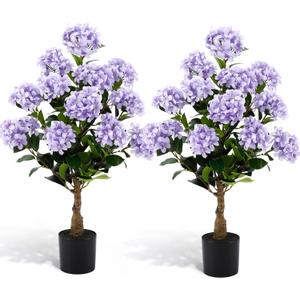 Lunmon 2 Pack 3ft Artificial Hydrangea Tree Faux Hydrangea Plant Indoor Outdoor Fake Flower Tree with Cement Base Pot Real to Touch Plant Decoration for Home Garden Housewarming Wedding(Purple,3ft)