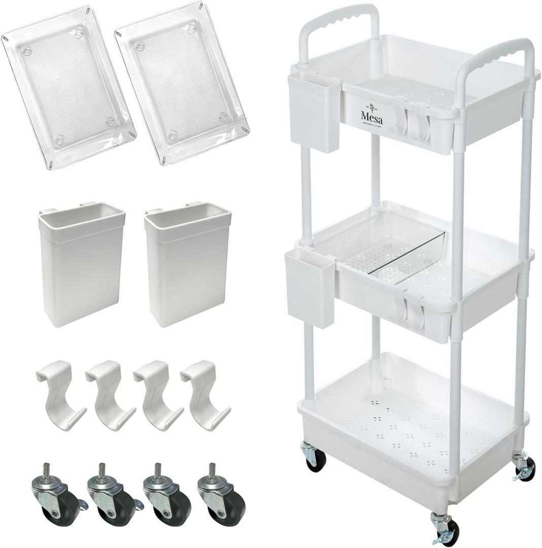 Inspired Living 3-Tier Plastic Rolling Utility Cart with Handle, Lockable Caster Wheels 2 Bins 3 Hanging Baskets & 4 Hooks, Multi-Functional Storage Trolley, for Kitchen, Living Room, Bathroom, White