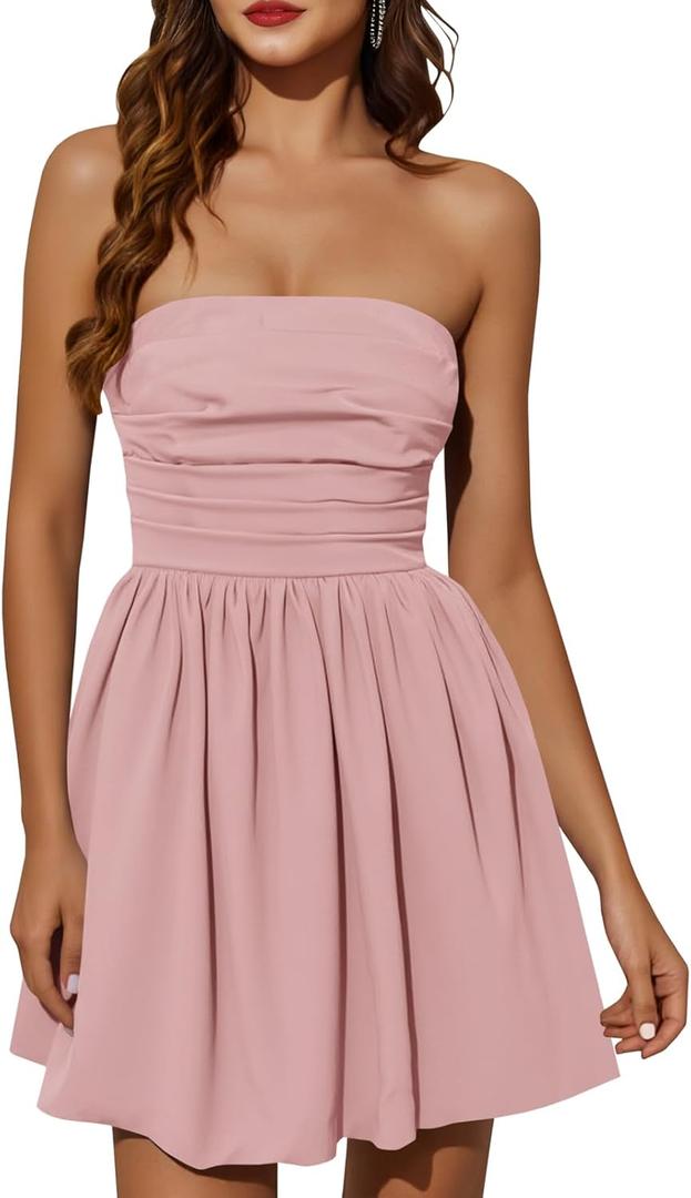 Wenrine Women's Sexy Strapless Summer Mini Dress Sleeveless Smocked A Lined Bubble Wedding Club Party Dress (Pink)