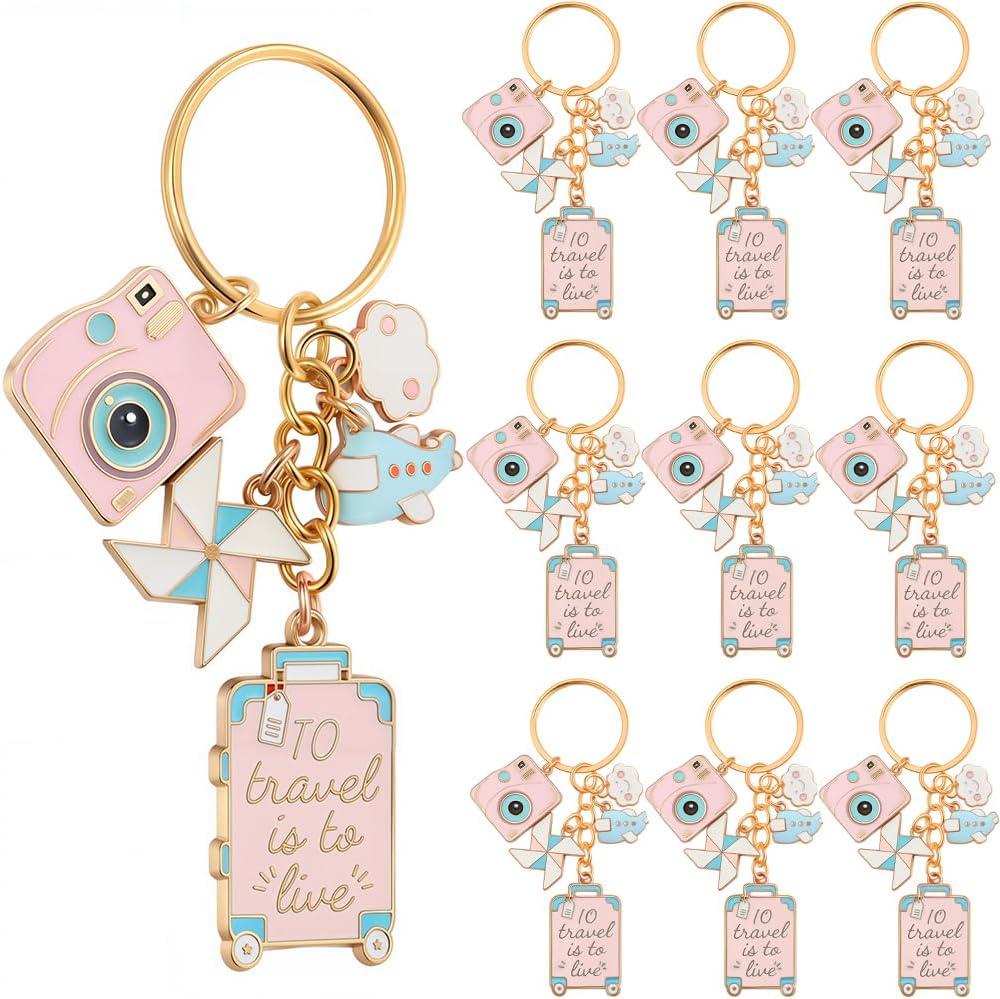 SUNNYCLUE 1 Box 10 Sets Travel Themed Keychains Bulk Airplane Key Chain Pack Cute Pink Enamel Metal Journey Pilot Camera Luggage Charms for Handbags Party Wedding Favor DIY Purse Car Door Keys Women