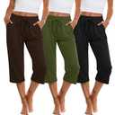 Huukeay 3 Pack Women's Capri Sweatpants Drawstring Lounge Capris Wide Leg Cropped Pants with Pockets Workout Yoga Joggers(Large, Army Green, Brown, Black)