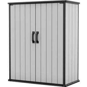 Keter Premier Tall 4.6 x 5.6 ft. Resin Outdoor Storage Shed with Shelving Brackets for Patio Furniture, Pool Accessories, and Bikes, Grey & Black