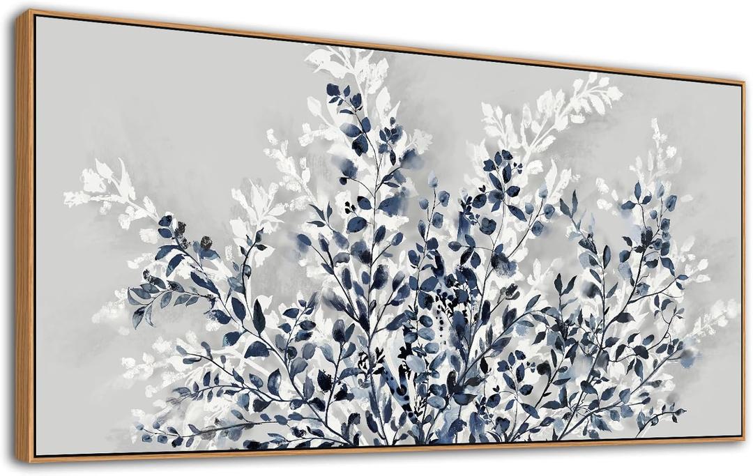 NINEASO Botanical Flowers Framed Wall Art - Indigo Blue and White Floral Canvas Pictures Spring Blooming Painting Gray Background Printing Artwork Living Room Bedroom Home Office Wall Decor 20" x 40"