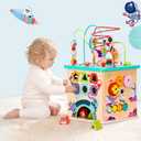Pre-Assembled 9 in 1 Wooden Activity Cube. Educational Learning Toy for Kids with Bead Maze, Shape Sorter and Music Gears and More. for Toddlers 18 Month+. Birthday Gifts for Boys and Girls, large sized at 13.3x13.3x23.2 inches