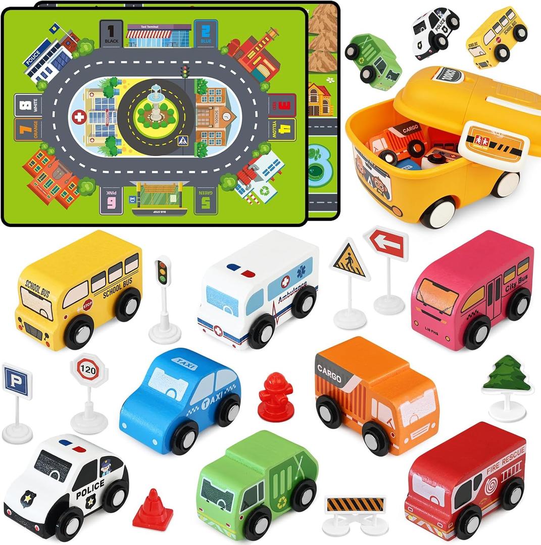 Toddler Car Toys, Toy Cars for Toddlers, Wooden Cars Toys for Toddler Boy, 22 PCS Cars and Trucks Toy Vehicles Set with Playmat, Storage Box, Wood Montessori Toys for Baby Birthday Gift (Yellow)