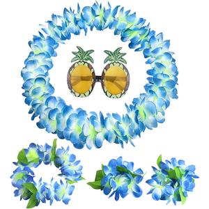 5 Pack Hawaiian Flower Lei Set, Hawaiian Lei Flower Garland Fancy Dress Set with Pineapple Sunglasses, Hawaiian flower Necklace Headbands and Wristbands For Tropical Hawaiian Luau Party Supplies, Blue