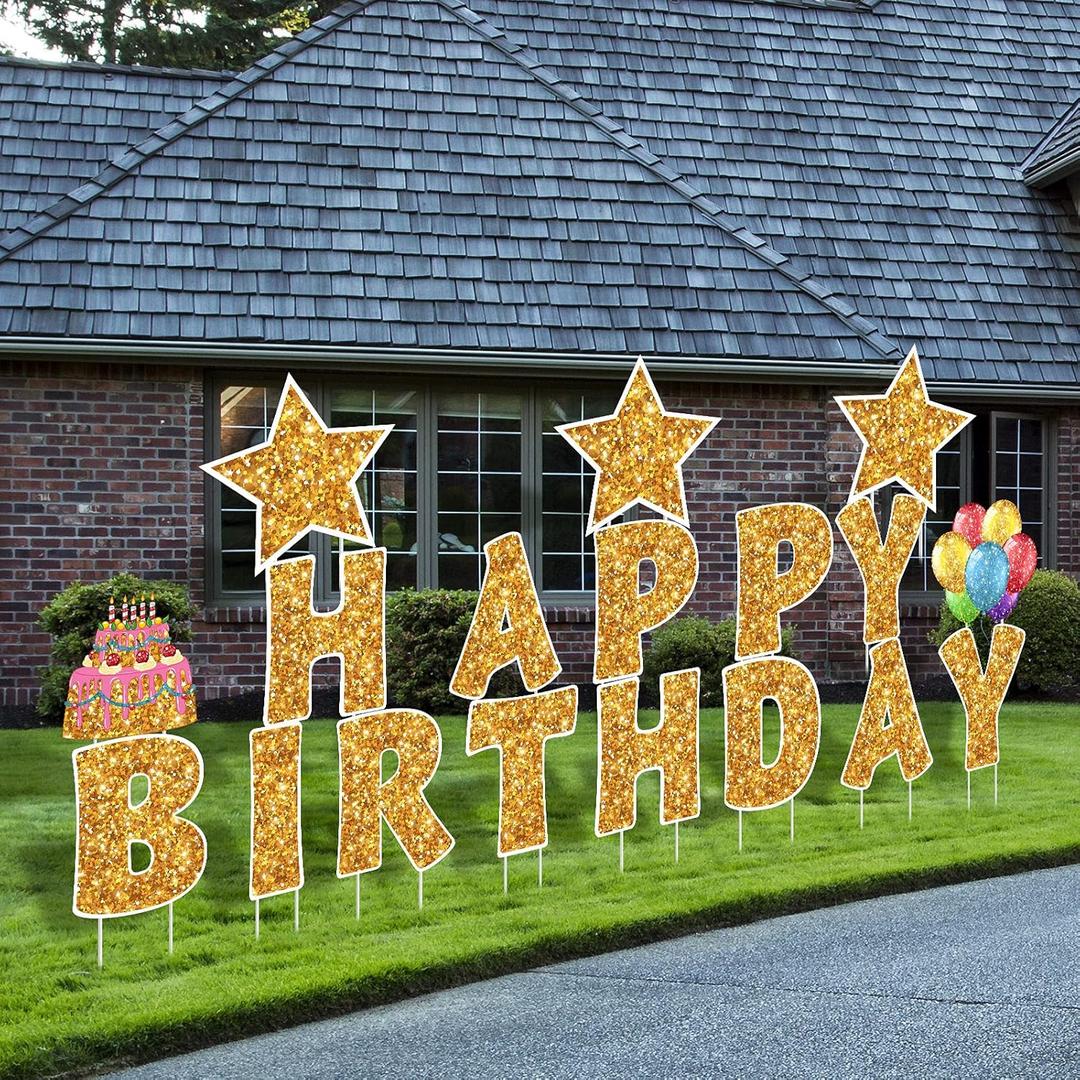 Jetec 18 Pieces Happy Birthday Yard Signs with Stakes, 16 Inches Birthday Outdoor Lawn Signs, Cake Balloon Patio Decorations, Garden Lawn Decorations for Party Outdoor Decor(Gold)