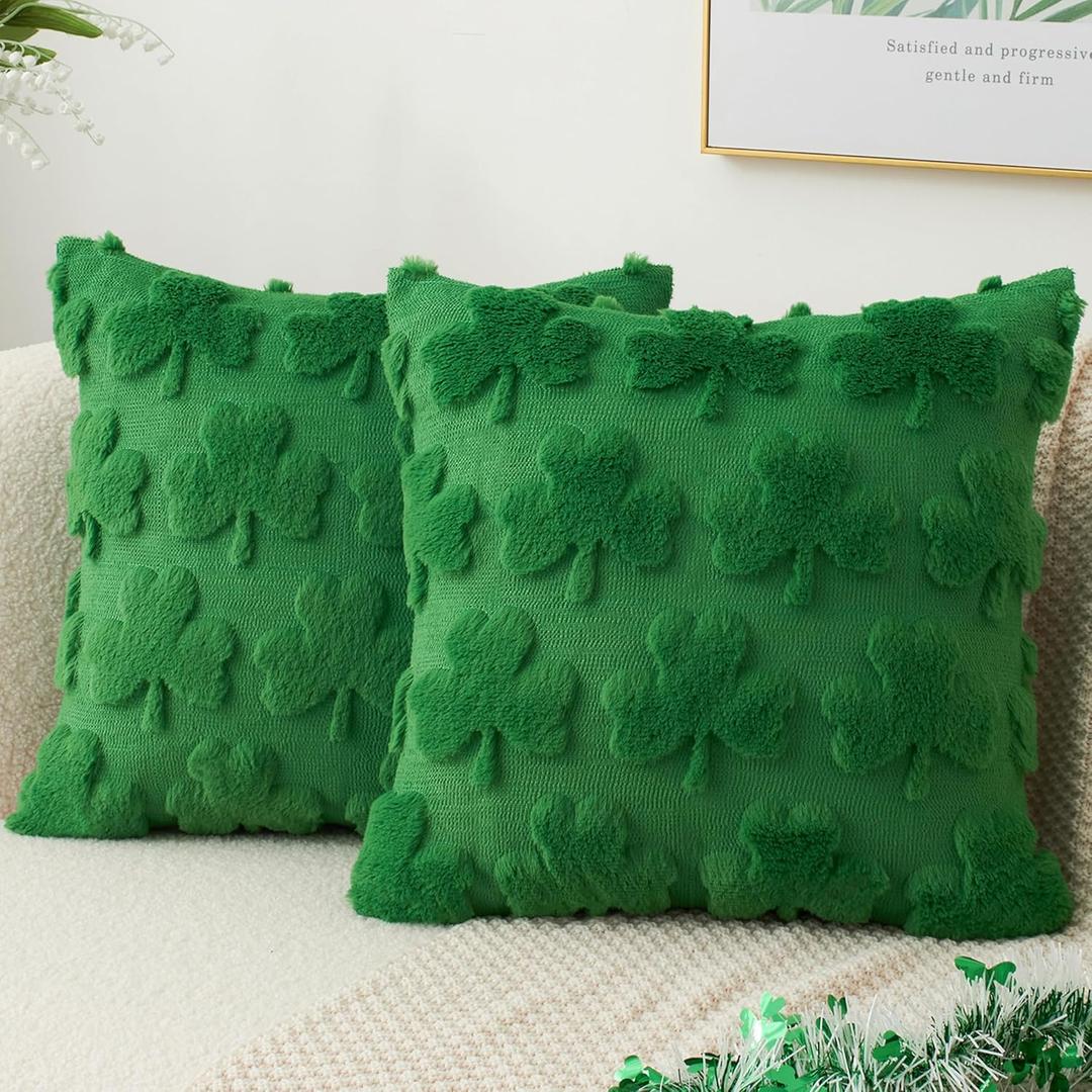 Kevin Textile St. Patrick's Day Pillow Covers 18 x 18 Inch Pack of 2 Soft Faux Fur Green Shamrock Decorative Lucky Clover Throw Pillowcase for Spring Home Bed Sofa Couch Green