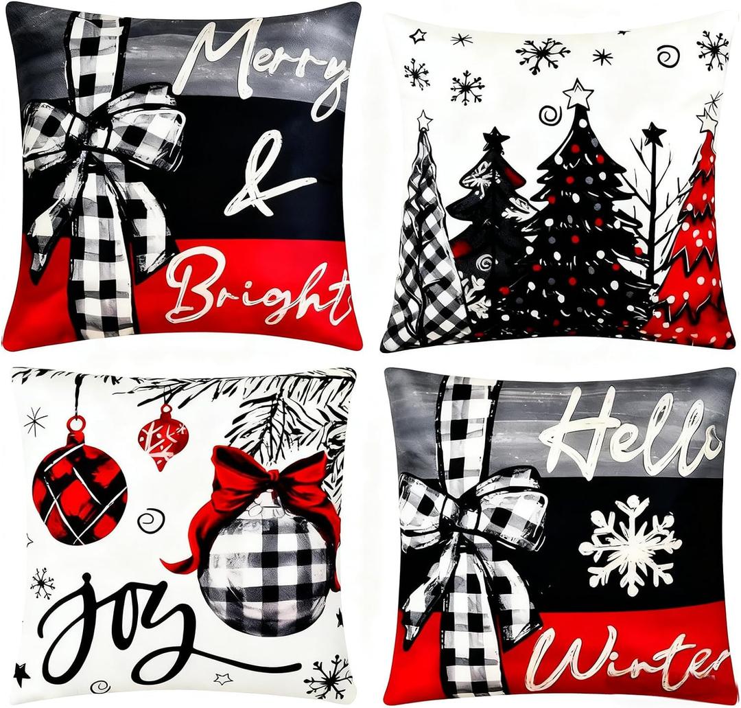 Haundry Christmas Throw Pillow Covers Joy Xmas Trees Red, 18 x 18 Inch Christmas Winter Holiday Cushion Case Decoration for Sofa Couch Set of 4