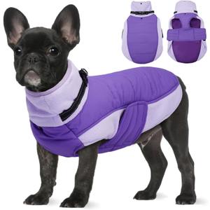 BRKURLEG Dog Coat, Turtleneck Winter Jacket with Harness for Small Medium and Large Dogs, Windproof Reflective Warm Fleece Dogs Snowsuit with Hook & Loop, Dog Coats for Cold Weather, Purple L