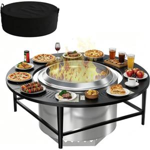 LS'BABQ 45" Fire Pit Surround Tabletop with Waterproof Cover for Solo Stove Yukon & Bonfire, Round Outdoor Fire Pit Table for Most Wood-Burning Stoves Under 28.5" Dia for Camping, Powder-Coated Steel